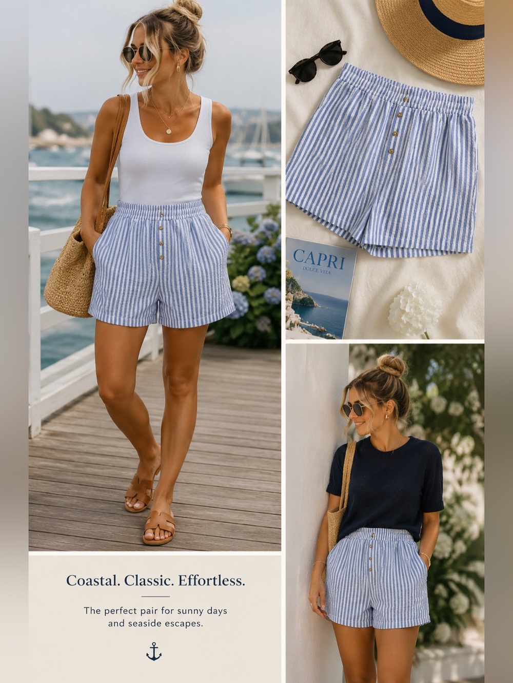 Blue & White Seersucker Striped Pull-On Shorts, Elastic Waist, Coastal summer